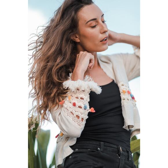 Resort Cardigan by T. Zovich Open Jacket Raw Hem Crochet Embroidered Natural OS - Picture 6 of 11